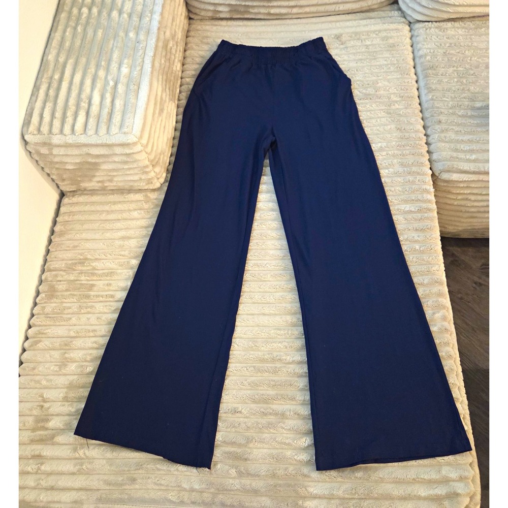 Women's DTY Brushed Wide Leg Sports Pants Navy Blue Elastic Waist Size M